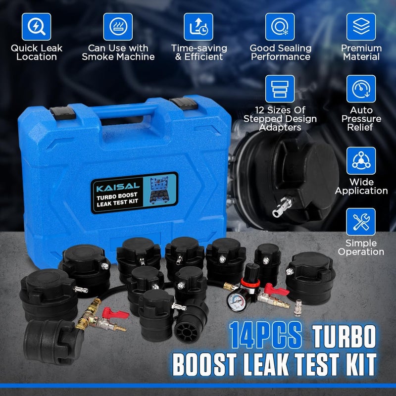 KAISAL Turbo Boost Leak Tester Kit 14PC Boost Leak Test Kit w/S.moke Adpt Turbo System Pressure Leakage Tester 6 Pairs of Stepped Adapters 1-4/5" to 3-9/10" Turbo Test Kit for Radiator Cooling Emission Pipes - Image 2